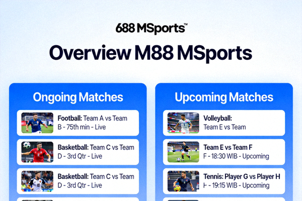 Tampilan overview M88 MSports dengan daftar pertandingan olahraga yang sedang berlangsung dan akan datang